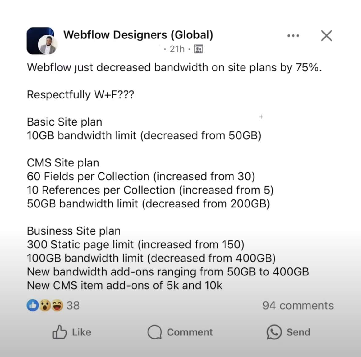 Pourquoi Wordpress ? Est-il possible de faire mon site avec d’autres plateformes et outils (Wix, Webflow, Squarespace, Framer, Shopify) ? 1 Capture d'écran en anglais d'un post LinkedIn. L'utilisateur se plaint de la réduction de la bande passante de 75% par Webflow sur chacun de ses plans