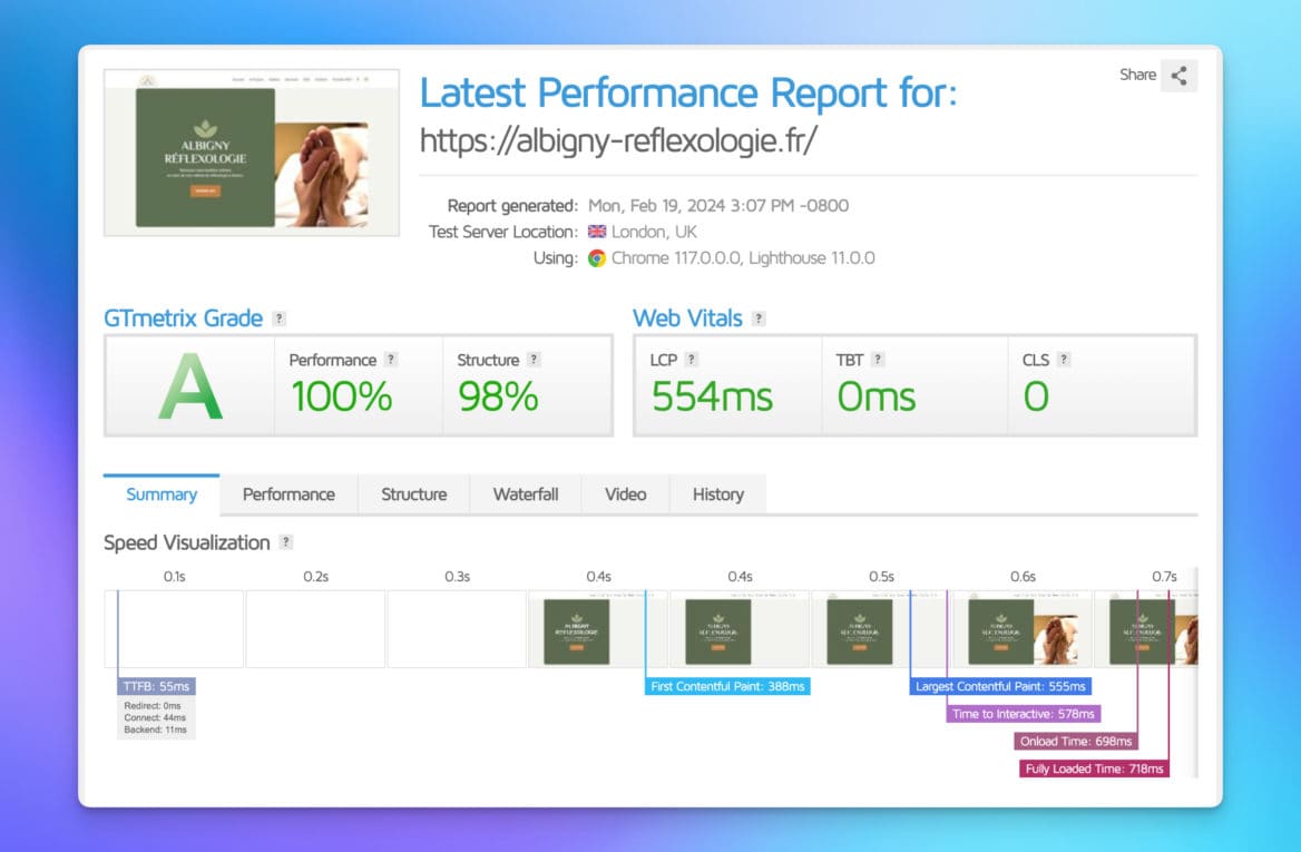 Capture d'écran de l'analyse de performances d'un site web sur GT Metrix avec un score A et une vitesse de chargement rapide - Processus de création de site web performant et rapide