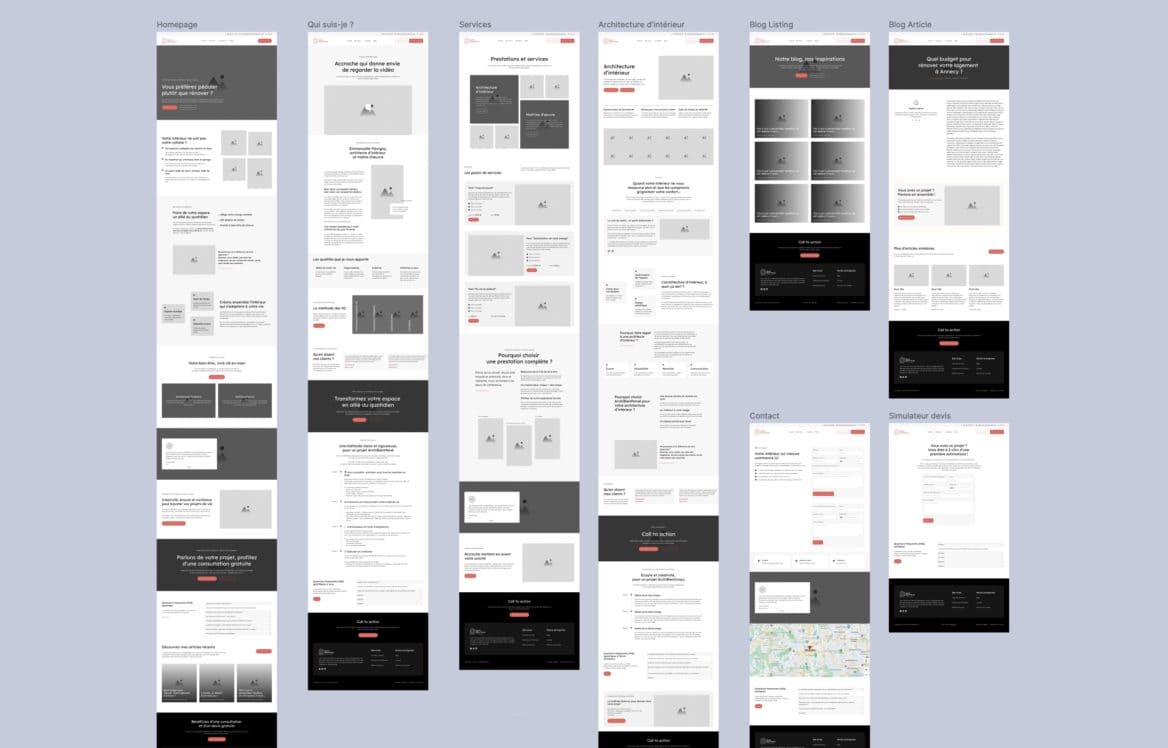Maquette en fil de fer des différentes pages d'un site faite sur Figma pour poser la structure et déterminer le parcours utilisateur - Processus de création de sites web performants