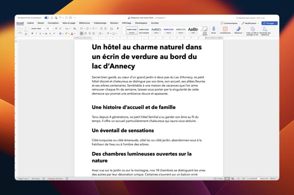 Capture d'écran d'un exemple de rédaction pour un site web à forte conversion (site de l'Hôtel Beau Séjour, un hôtel familial de charme au bord du Lac d'Annecy)
