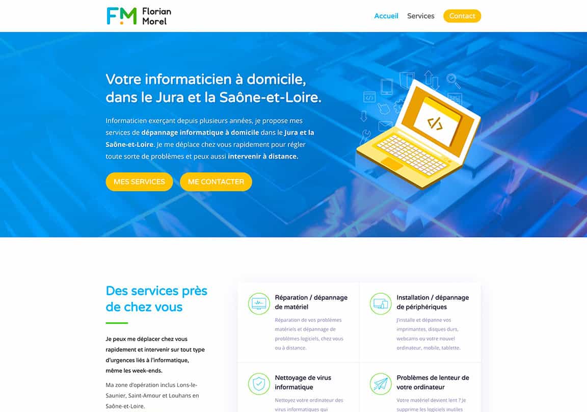 Capture d'écran de la home page du site web de Florian Morel, informaticien à domicile dans le Jura