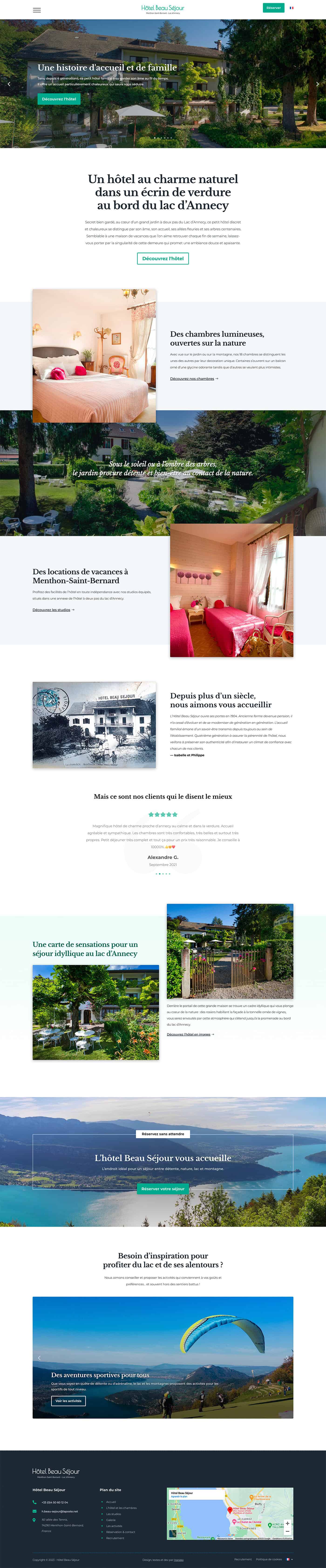 Capture d'écran complète de la page d'accueil du site web de l'Hôtel Beau Séjour, un hôtel familial au bord du Lac d'Annecy