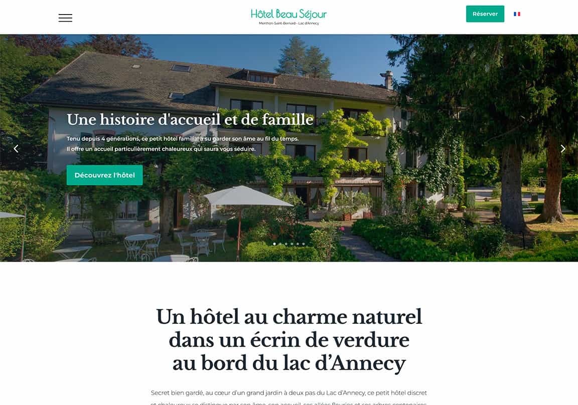 Capture d'écran de la home page du site web de l'Hôtel Beau Séjour, un hôtel familial au bord du Lac d'Annecy