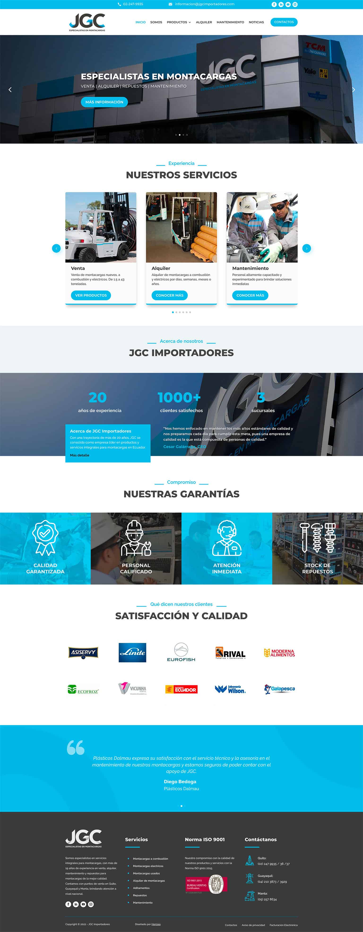 Capture d'écran complète de la page d'accueil du site web de l'entreprise JGC Importadores, spécialistes en chariots élévateurs en Équateur