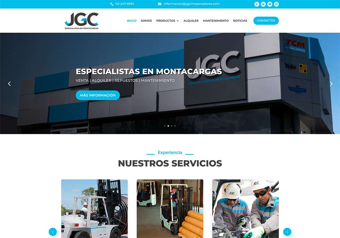 Capture d'écran de la home page du site web de l'entreprise JGC Importadores, spécialistes en chariots élévateurs en Équateur
