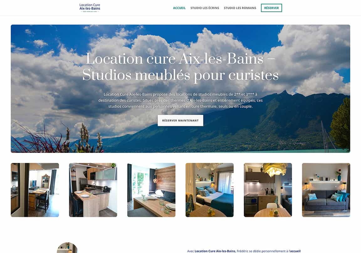 Capture d'écran de la home page du site web de Location Cure Aix-les-Bains, agence de location de studios meublés pour curistes à Aix-les-Bainsv
